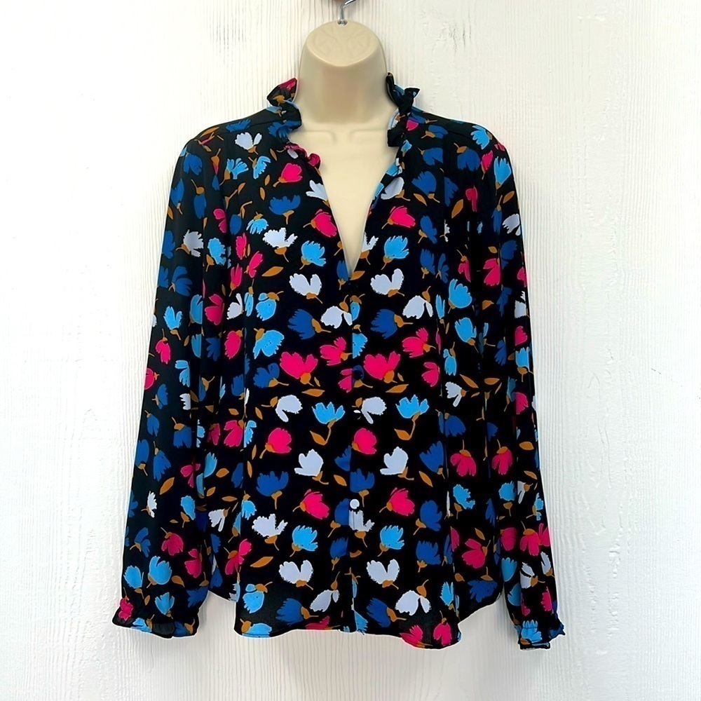 J. Crew - Multi Bright Colorful black V Neck Button Down Blouse Size Medium